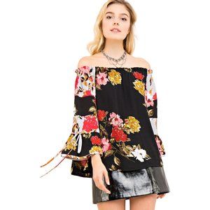 Entro Textured Floral Off the Shoulder Top, Black